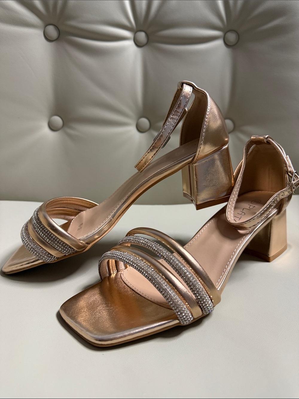 Rose Gold Block Heel Sandals with Rhinestone Straps